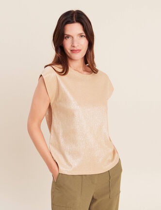T-shirt col rond sans manches beige femme
