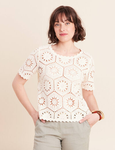 Pull col rond manches courtes dentelle ecru femme