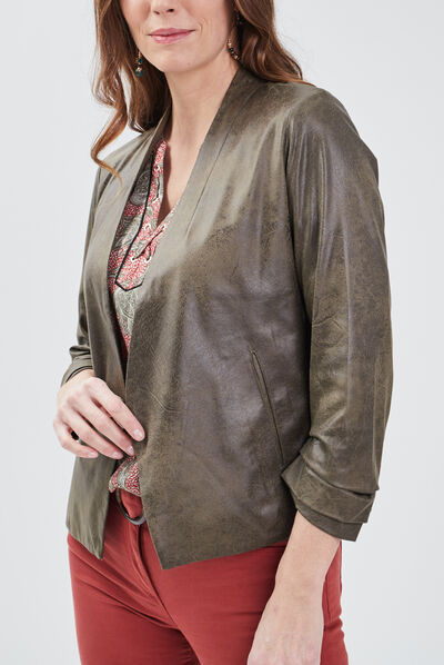 Veste droite col châle vert kaki femme