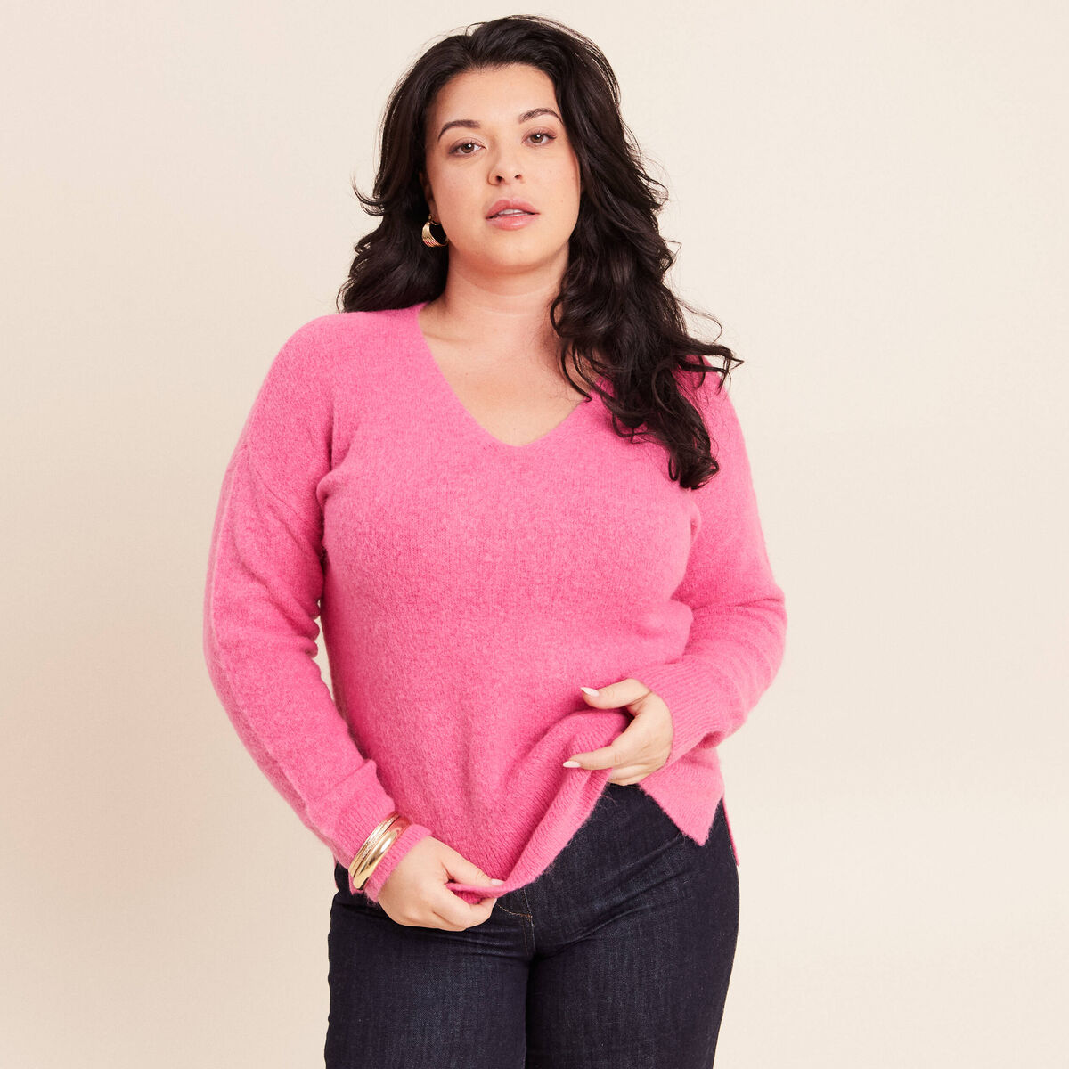 Pull col v manches longues rose fushia femme