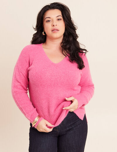 Pull col v manches longues rose fushia femme