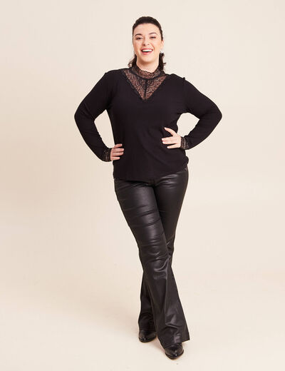 T-shirt cintr&eacute; col montant dentelle noir femme