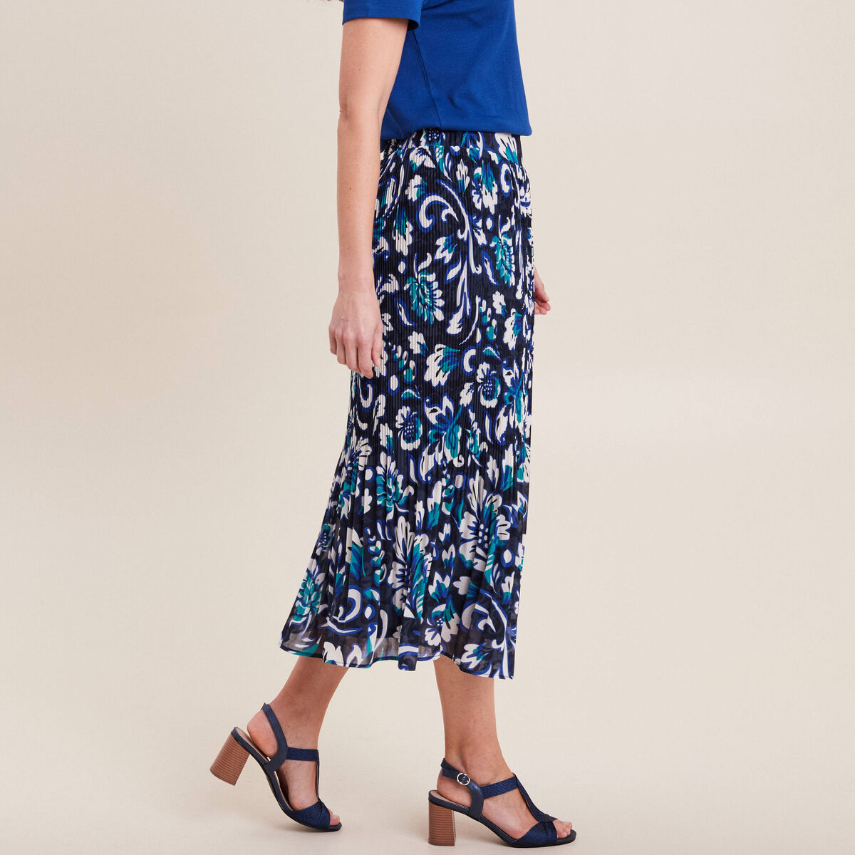 Jupe longue plissée imprimée bleu femme