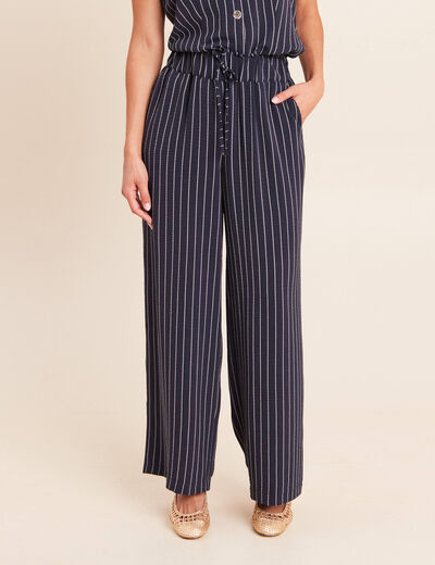 Pantalon large taille haute bleu fonc&eacute; femme