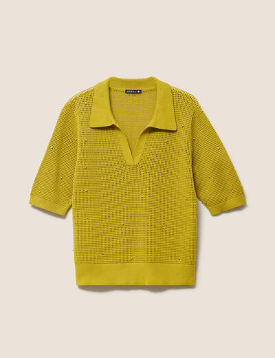 Polo ajour&eacute; col chemise manches courtes vert olive femme
