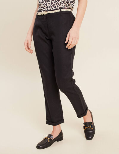 Pantalon coupe chino en lin ceintur&eacute; noir femme