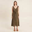 Robe midi évasée satin vert kaki femme