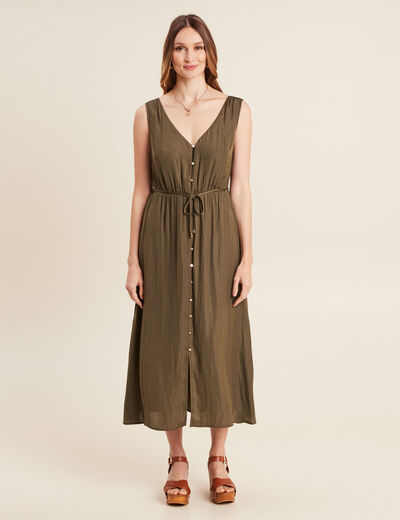 Robe midi évasée satin vert kaki femme