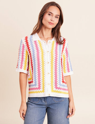 Polo manches courtes aspect macram&eacute; multicolore femme