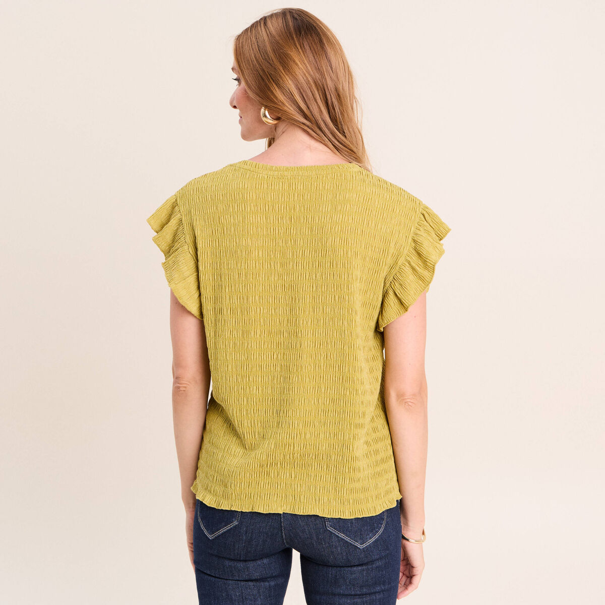 T-shirt col rond manches courtes vert olive femme