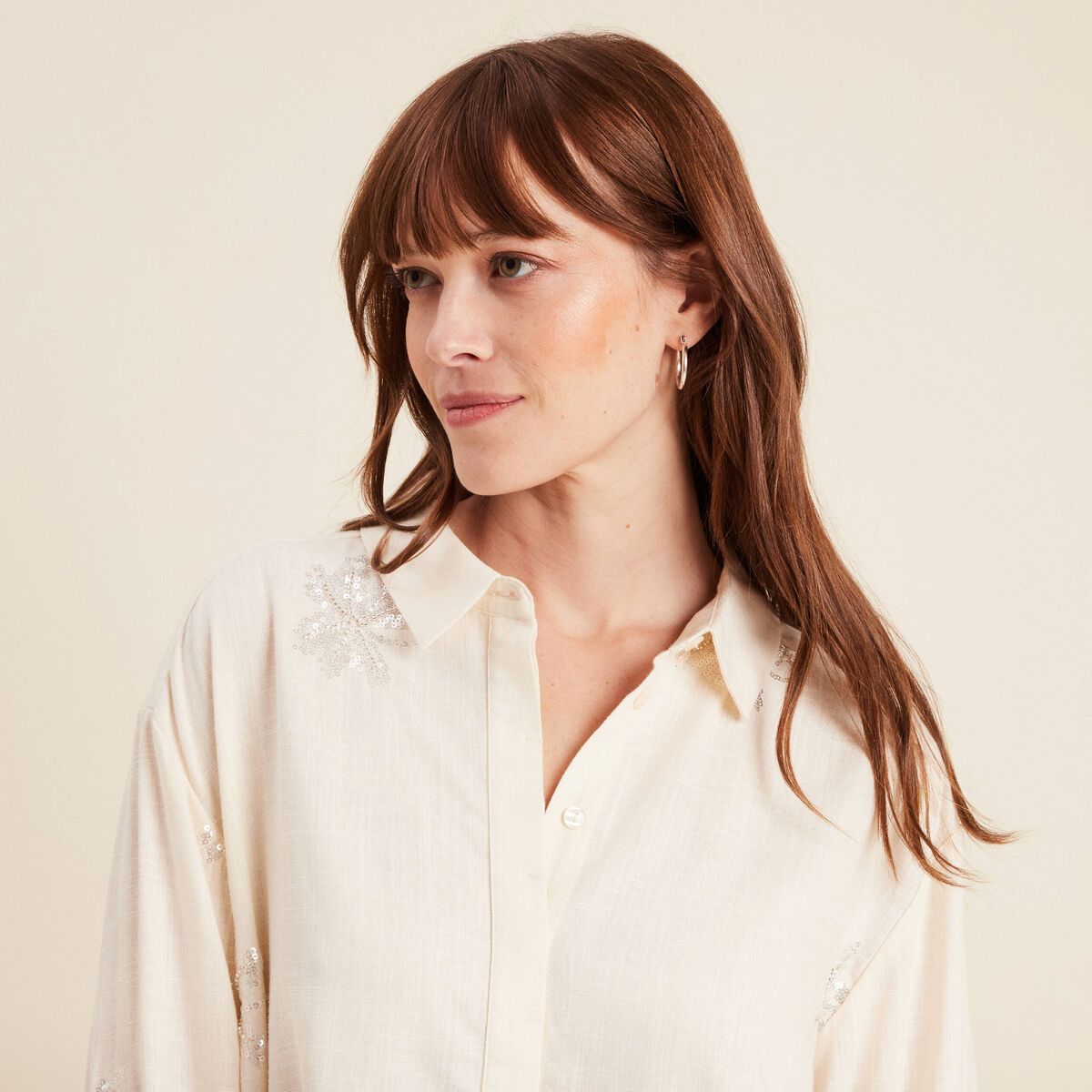 Chemise avec sequins ecru femme