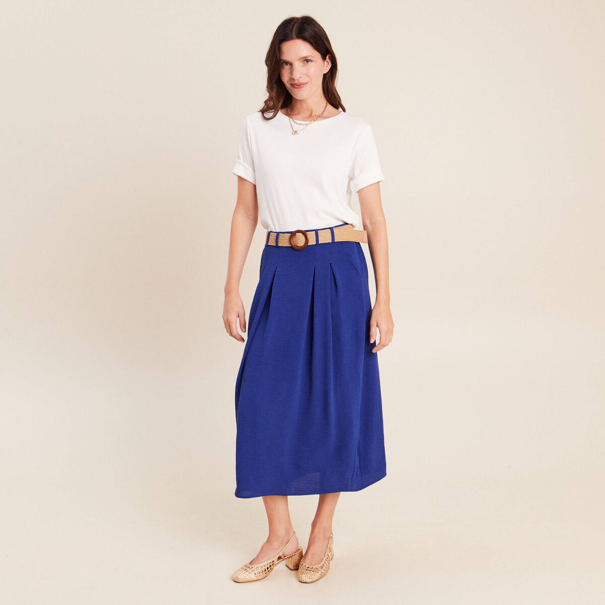 Jupe longue &eacute;vas&eacute;e ceintur&eacute;e bleu fonc&eacute; femme