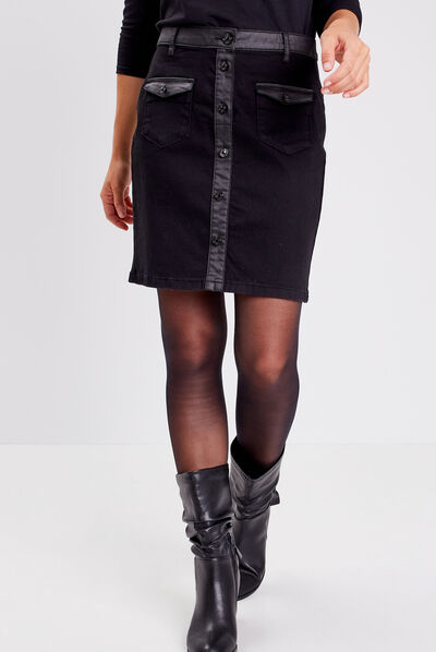 Jupe droite boutonnée noir femme
