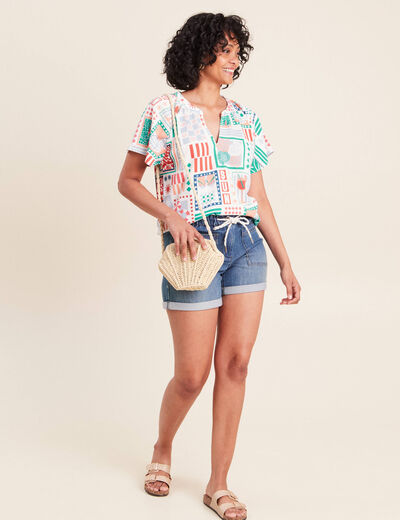 Blouse col tunisien manches courtes bleu femme