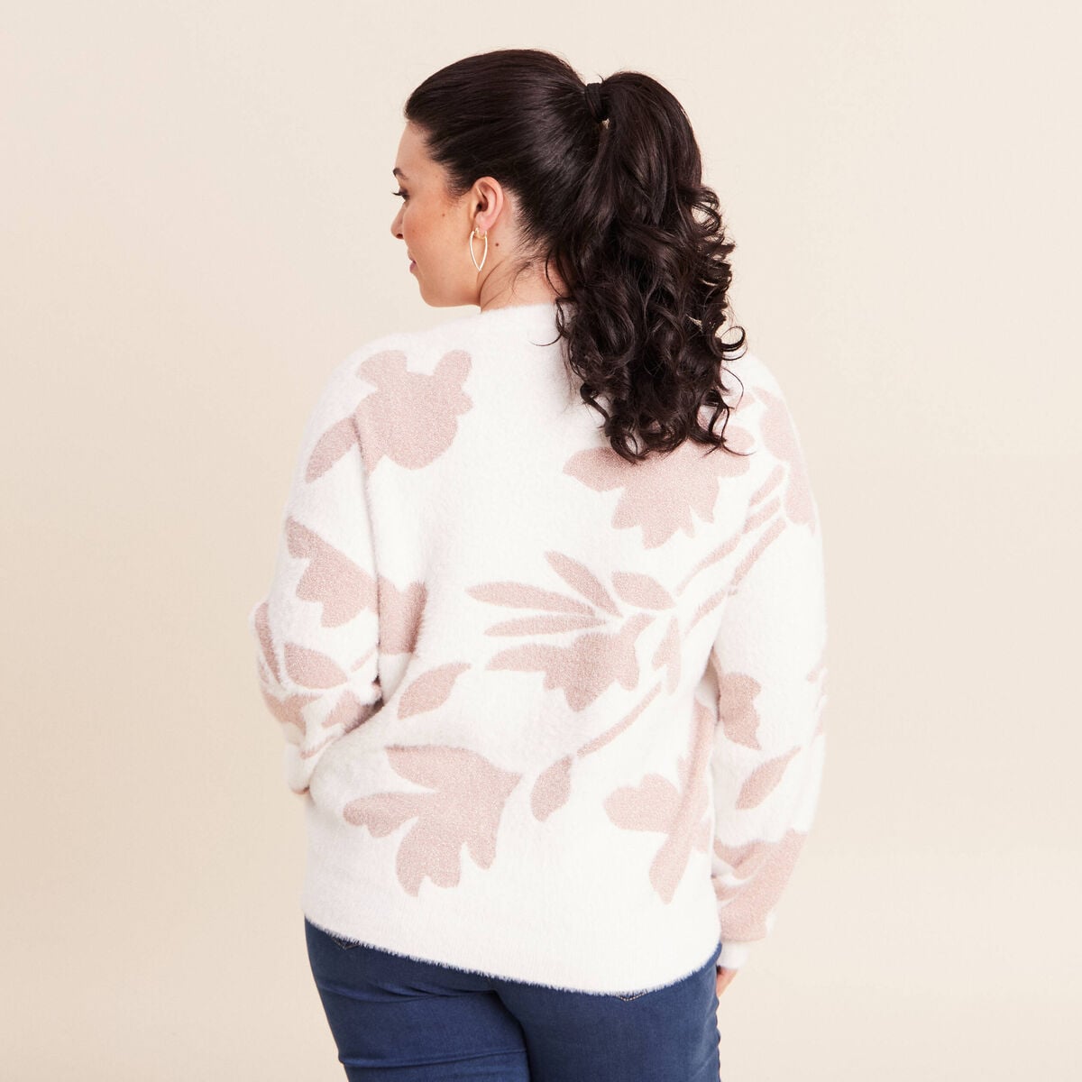 Pull col rond manches longues beige femme