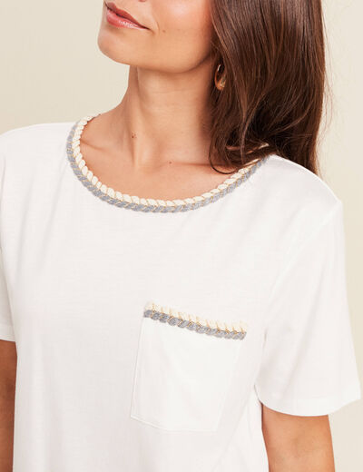 T-shirt col rond manches coudes tressé ecru femme