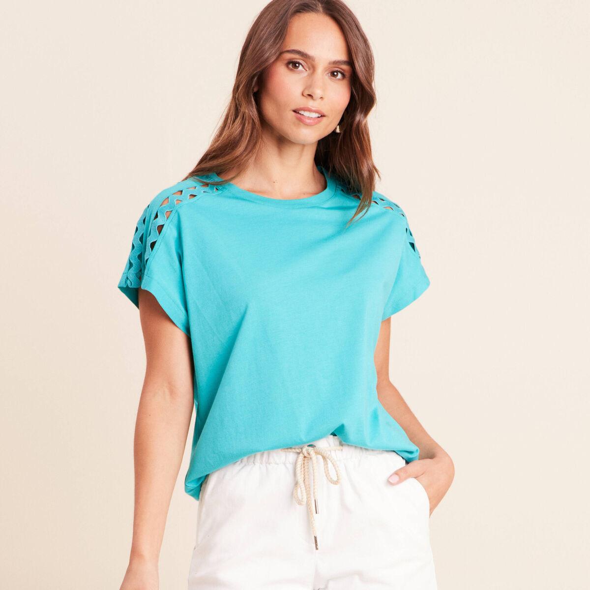 T-shirt col rond manches courtes vert turquoise femme