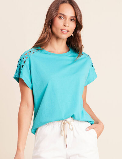T-shirt col rond manches courtes vert turquoise femme