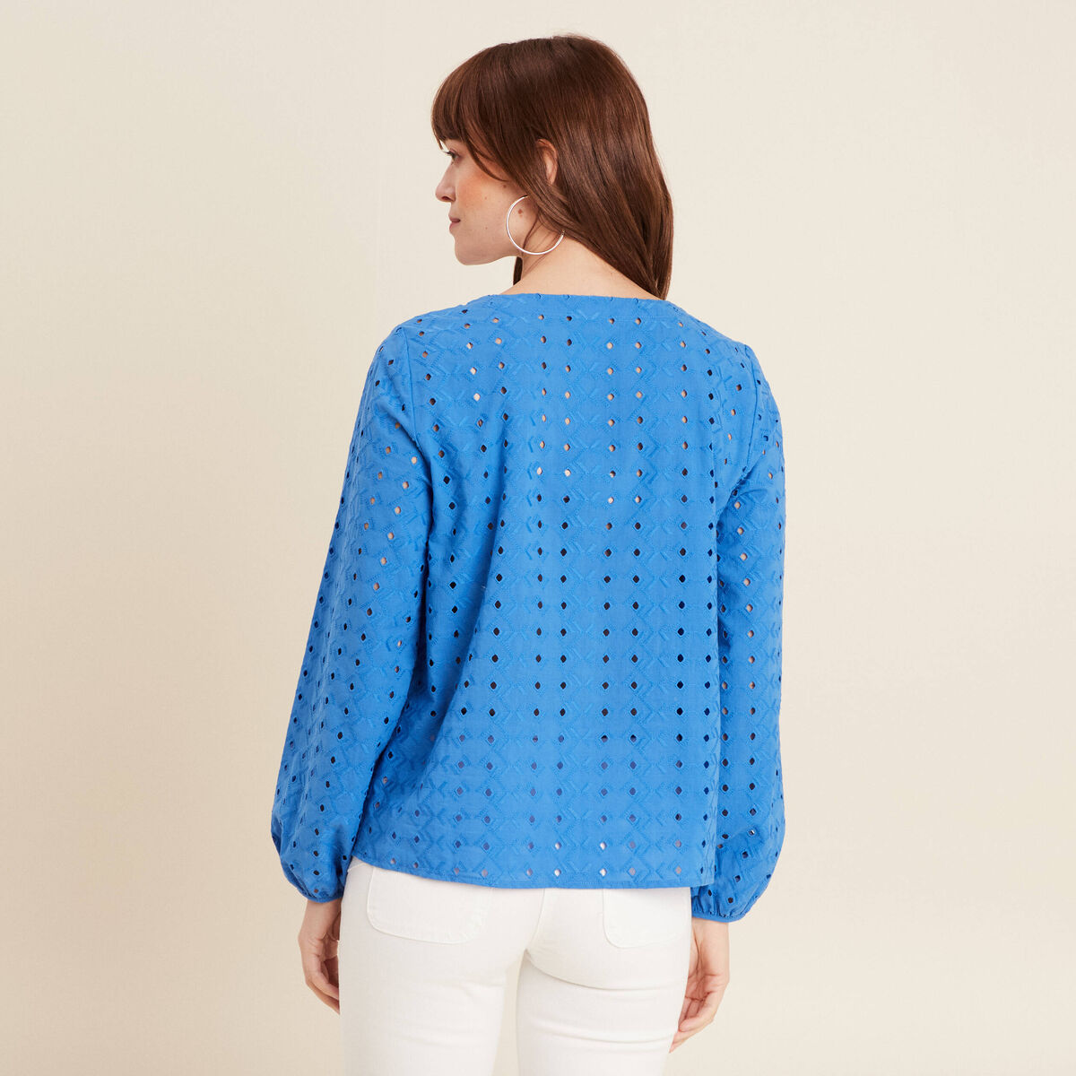 Chemise manches 3/4 brodée bleu femme