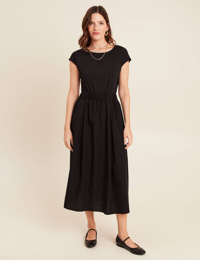 Robe longue évasée bi-matière noir femme