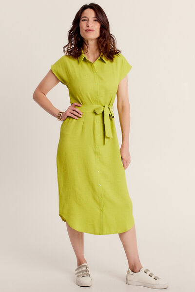 Robe chemise droite ceinturée vert anis femme