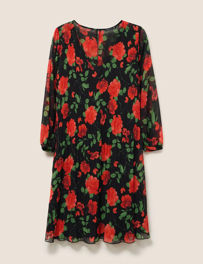 Robe courte &eacute;vas&eacute;e pliss&eacute;e manches 3/4 rouge femme