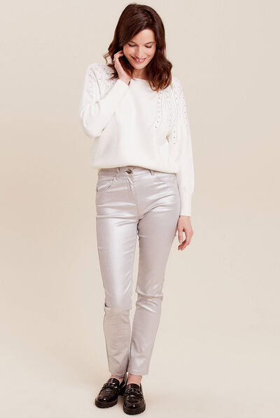 Pull manches longues strass ecru femme