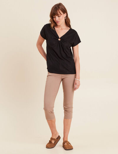 Top col V manches courtes noir femme