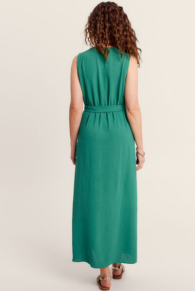 Robe longue droite ceinturée vert femme