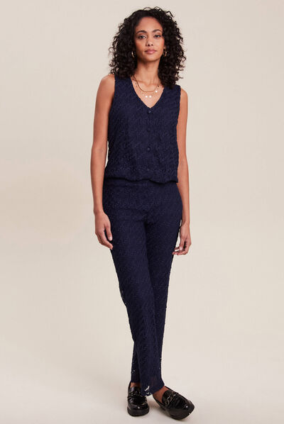 Pantalon flou dentelle 7/8ème bleu foncé femme