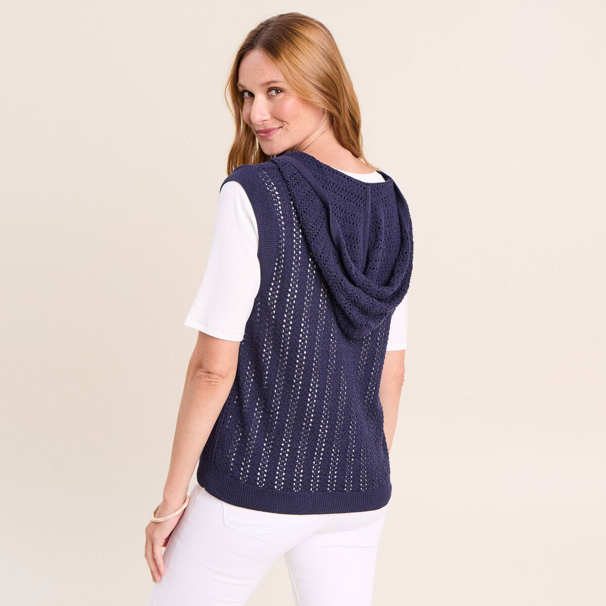 Pull droit sans manches &agrave; capuche bleu marine femme