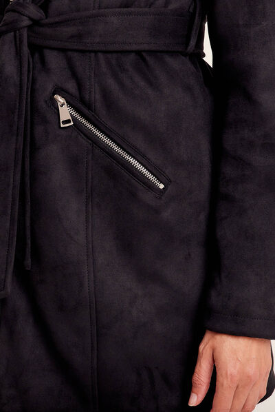 Manteau cintré suédine capuche noir femme