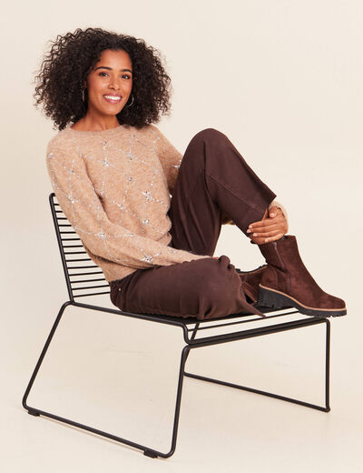 Pull col rond &agrave; sequins marron clair femme