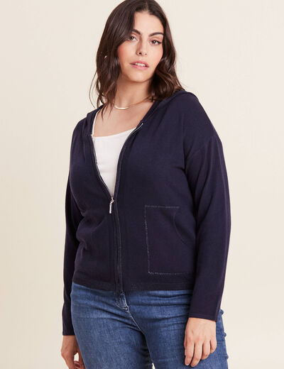 Gilet manches longues à capuche bleu marine femme