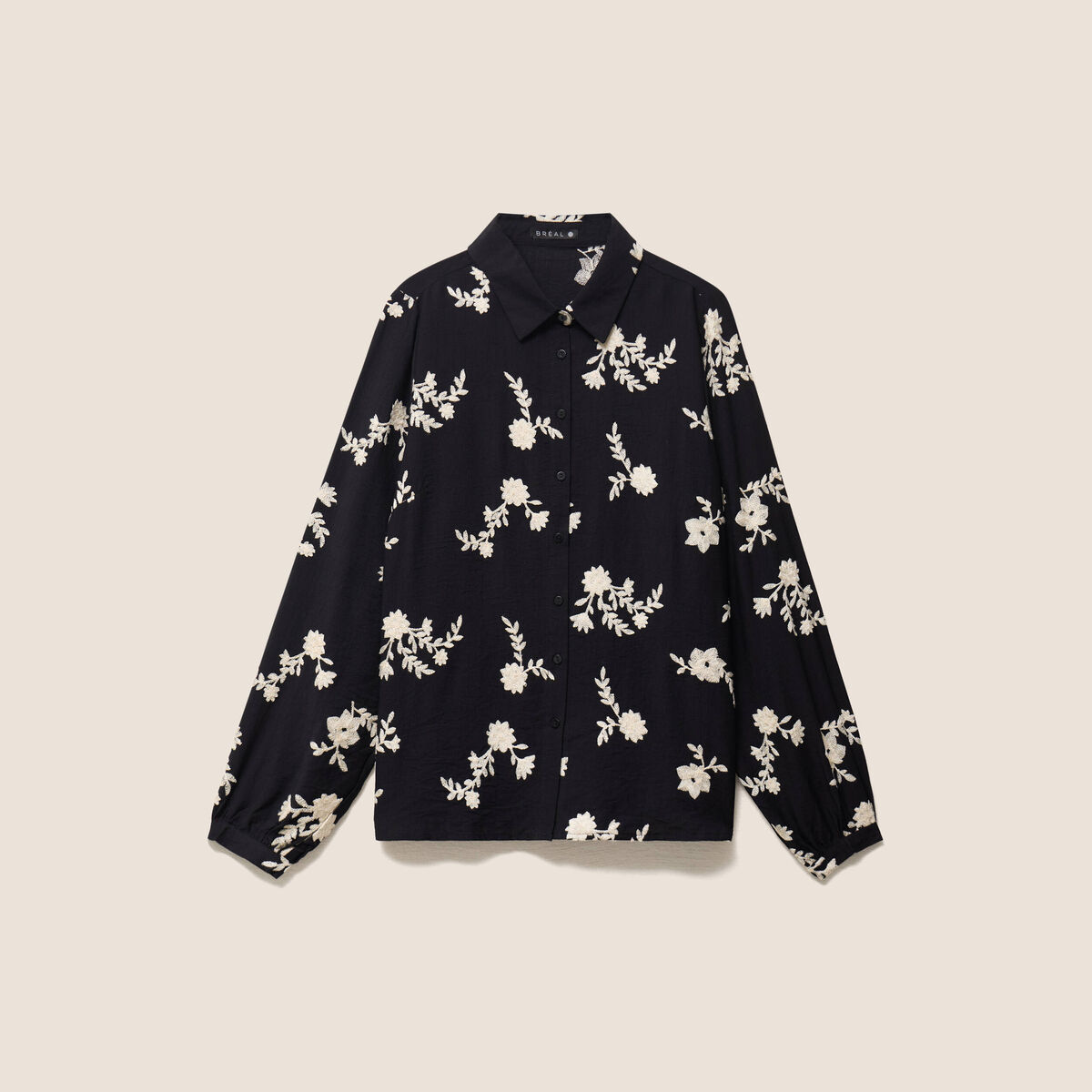 Chemise fluide brod&eacute;e manches longues noir femme