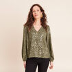 Blouse ample col v manches longues vert kaki femme
