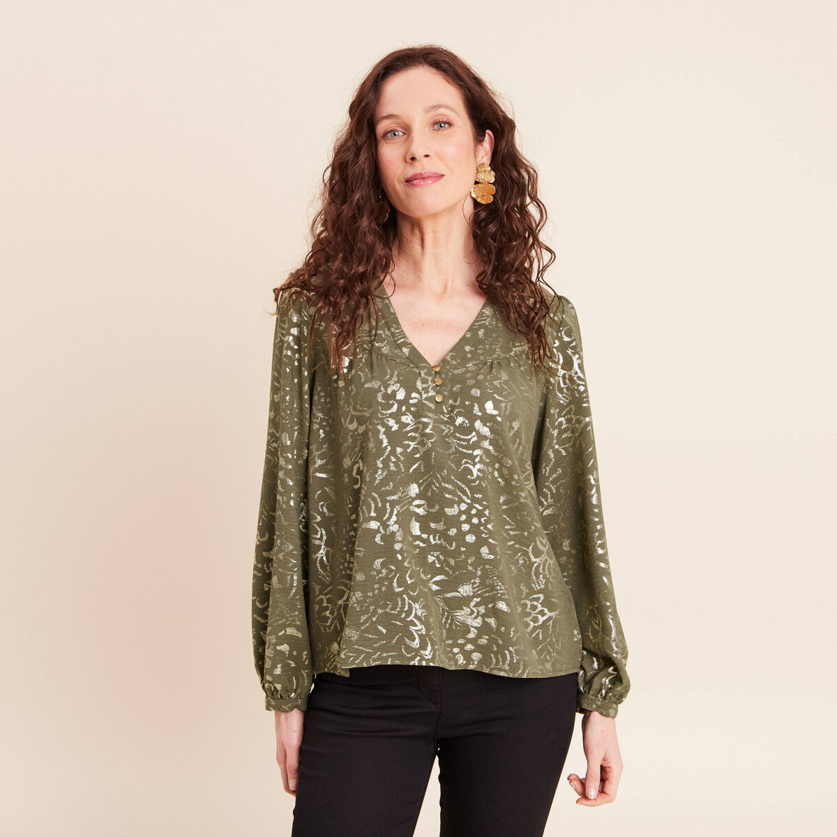 Blouse ample col v manches longues vert kaki femme