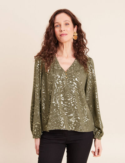 Blouse ample col v manches longues vert kaki femme