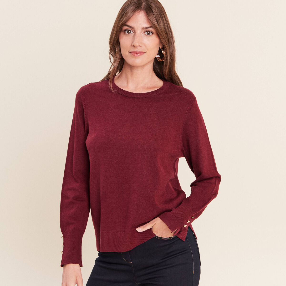 Pull droit col rond manches longues bordeaux femme