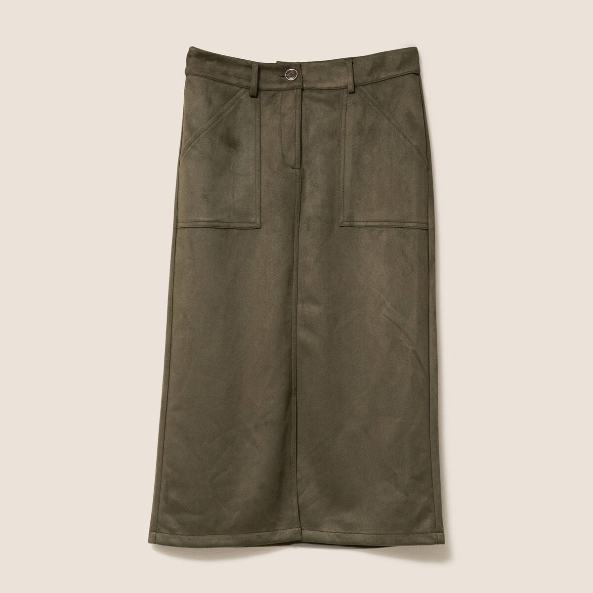 Jupe longue droite su&eacute;dine vert kaki femme