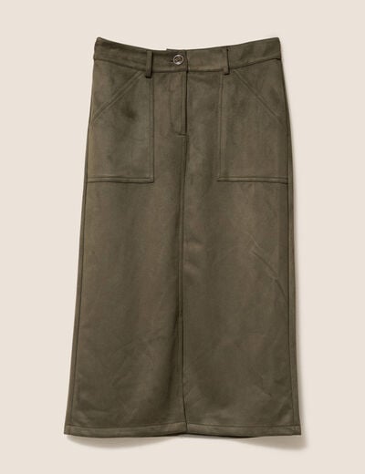 Jupe longue droite su&eacute;dine vert kaki femme
