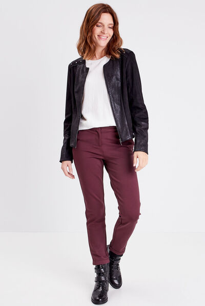 Pantalon ajusté taille basculée bordeaux femme