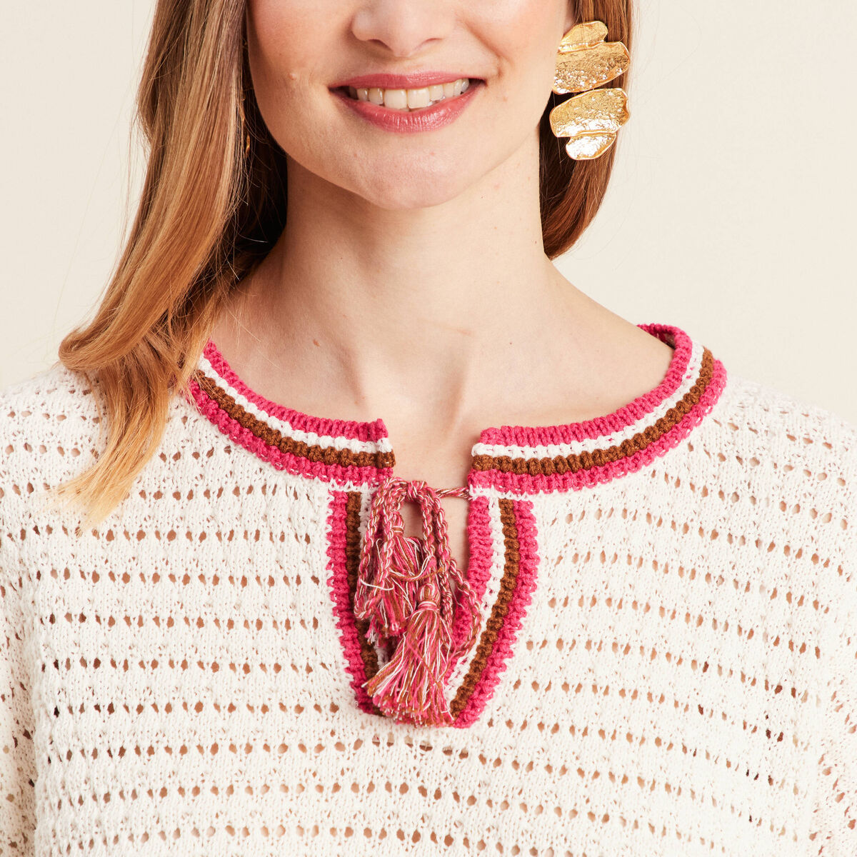 Pull manches longues ajouré ecru femme