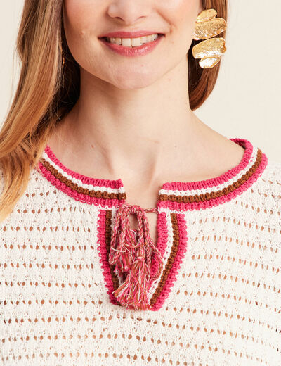 Pull manches longues ajouré ecru femme