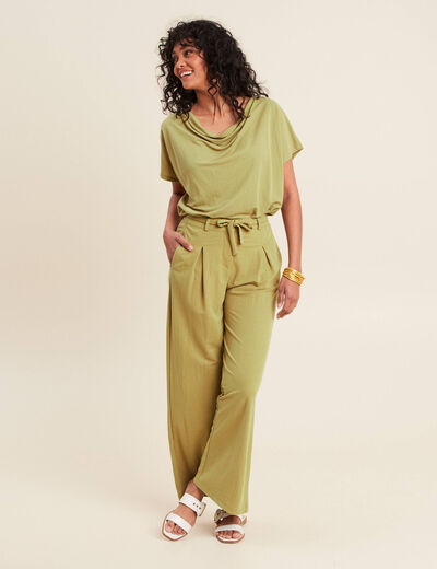 Pantalon fluide taille haute vert olive femme