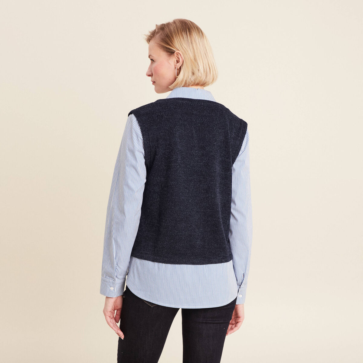 Pull effet 2-en-1 chemise bleu fonc&eacute; femme