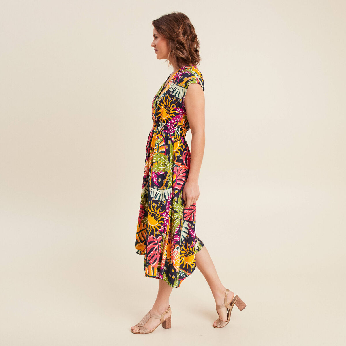Robe longue évasée sans manches multicolore femme