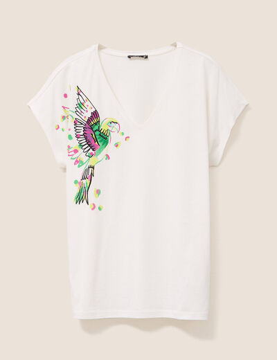 T-shirt col V manches courtes ecru femme