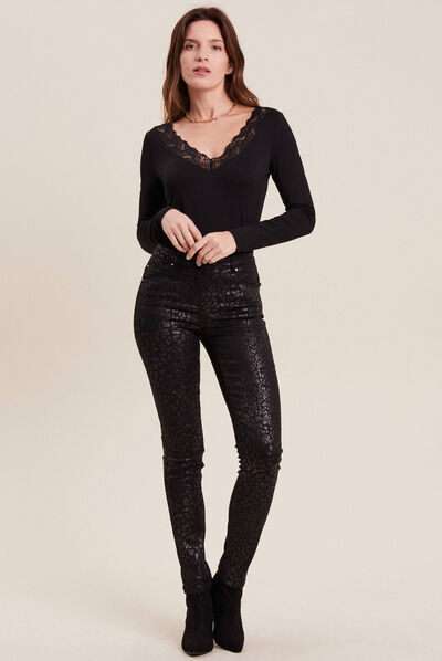 Pantalon ajusté enduit 7/8ème couleur bronze femme