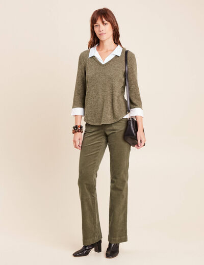 Pantalon bootcut taille haute velours vert kaki femme